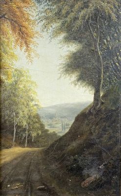 une image représentant un tableau d'un chemin de terre dans une zone boisée