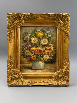 une peinture à l'huile représentant un vase de fleurs sur une table