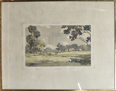 framed watercolor painting of a rural landscape with cattle grazing in a field