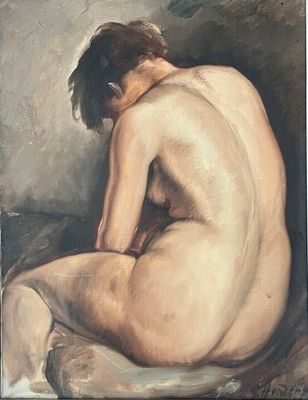 une peinture à l'huile représentant un homme nu assis sur un lit