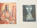 two drawings of a man and a woman sitting in front of a painting