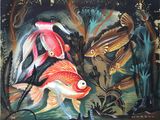 tableau représentant un groupe de poissons nageant dans un étang