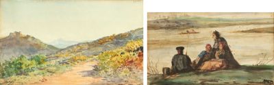 two paintings of a woman and a man sitting on a hill