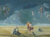 un tableau représentant un groupe de personnes volant dans le ciel