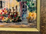 an image of a painting of a house with flowers in front of it