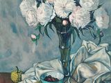 a painting of flowers in a vase on a table