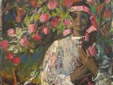 une peinture à l'huile représentant une femme assise devant un buisson fleuri