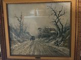 painting of a horse drawn carriage on a snowy road in front of a house