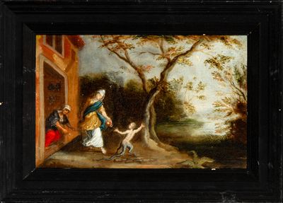 an old painting of a woman holding a child and a man holding a dog