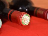 several bottles of wine are lined up on a red cloth