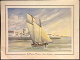painting of a sailboat in a body of water with buildings in the background
