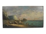an oil painting of a beach scene with boats and people on the shore