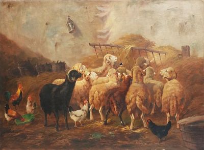 un tableau représentant un troupeau de moutons et de poulets dans une grange