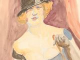 painting of a woman in a hat and dress sitting on a chair