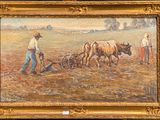 an oil painting of a man plowing a field with two oxen