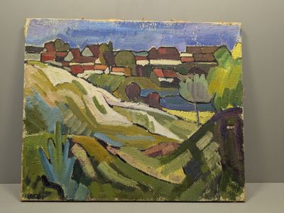 une peinture à l'huile représentant un paysage avec des maisons au loin