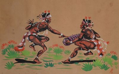 a painting of two men on a surfboard in the grass