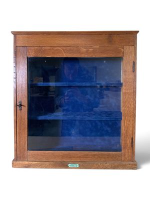 une petite armoire en bois avec une porte vitrée et des étagères