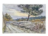 an image of a painting of a dirt road with a tree in the distance