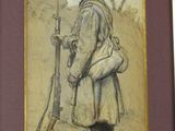 painting of a soldier with a rifle and a dog in the water