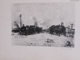 an old black and white photo of a train on the tracks