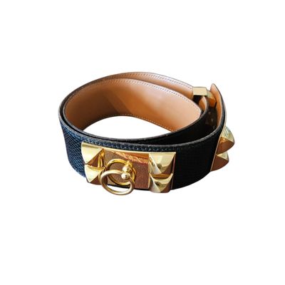 black and gold leather belt with metal buckle
