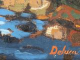 a painting of a painting of a river with houses in the background