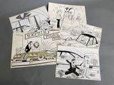 trois cartes postales représentant un dessin humoristique mettant en scène une voiture et un homme en costume