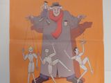 une affiche orange sur laquelle figure le dessin d'un homme en costume-cravate