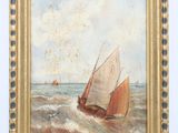 une peinture à l'huile représentant un voilier sur une mer agitée, avec le ciel en arrière-plan