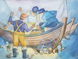 painting of two men in a boat with a net on the water