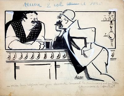 drawing of a woman sitting at a bar talking to a man sitting at a counter