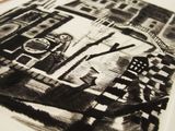 a black and white drawing of a man walking down the street