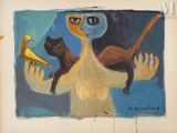 a painting of a man holding a cat and a bird
