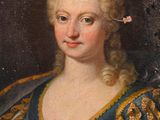 a painting of a woman in a blue dress with a flower in her hair