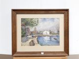 framed watercolor painting of a boat on a river with buildings in the background