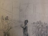 esquisses d'un dessin représentant un homme coiffé d'un haut-de-forme, debout devant une foule de personnes