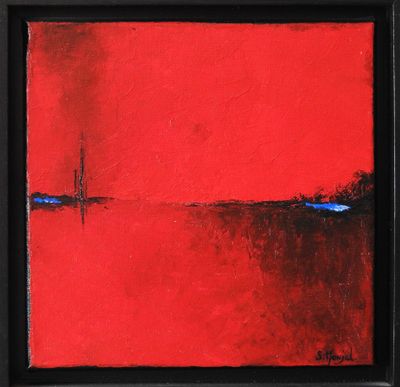 a painting of a red sky with a boat in the distance