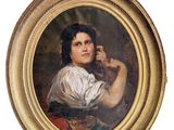 painting of a woman holding a cat in her right hand