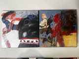 three paintings on the wall of a room with a person sitting on a couch