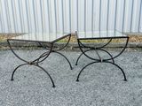 pair of wrought iron and glass side tables with glass tops