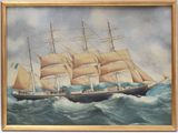peinture représentant un voilier en pleine mer, avec le ciel en arrière-plan