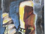 a painting of a vase with books on a table
