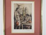 tableau représentant un homme et une femme dans une cuisine avec un chat