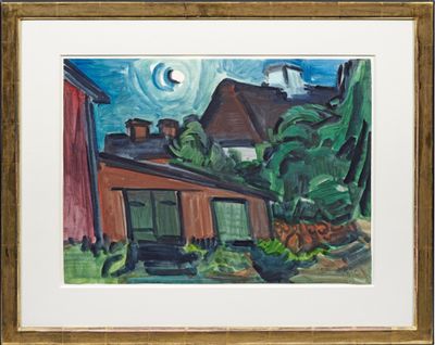 une image représentant une peinture d'une maison avec une pleine lune en arrière-plan
