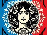 a poster with a woman ' s face in the center of a red, white and blue background