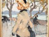 a painting of a woman walking down a street with cows in the background