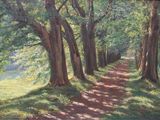 a picture of a painting of a path in the woods