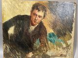 painting of a man in a suit leaning on a chair