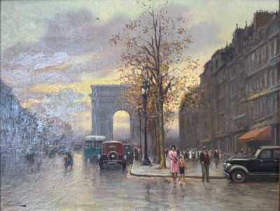 painting of a painting of a street scene with cars and people